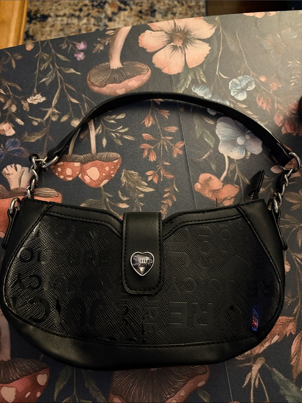 Juicy Couture Black Embossed Shoulder Bag with Silver Heart Logo